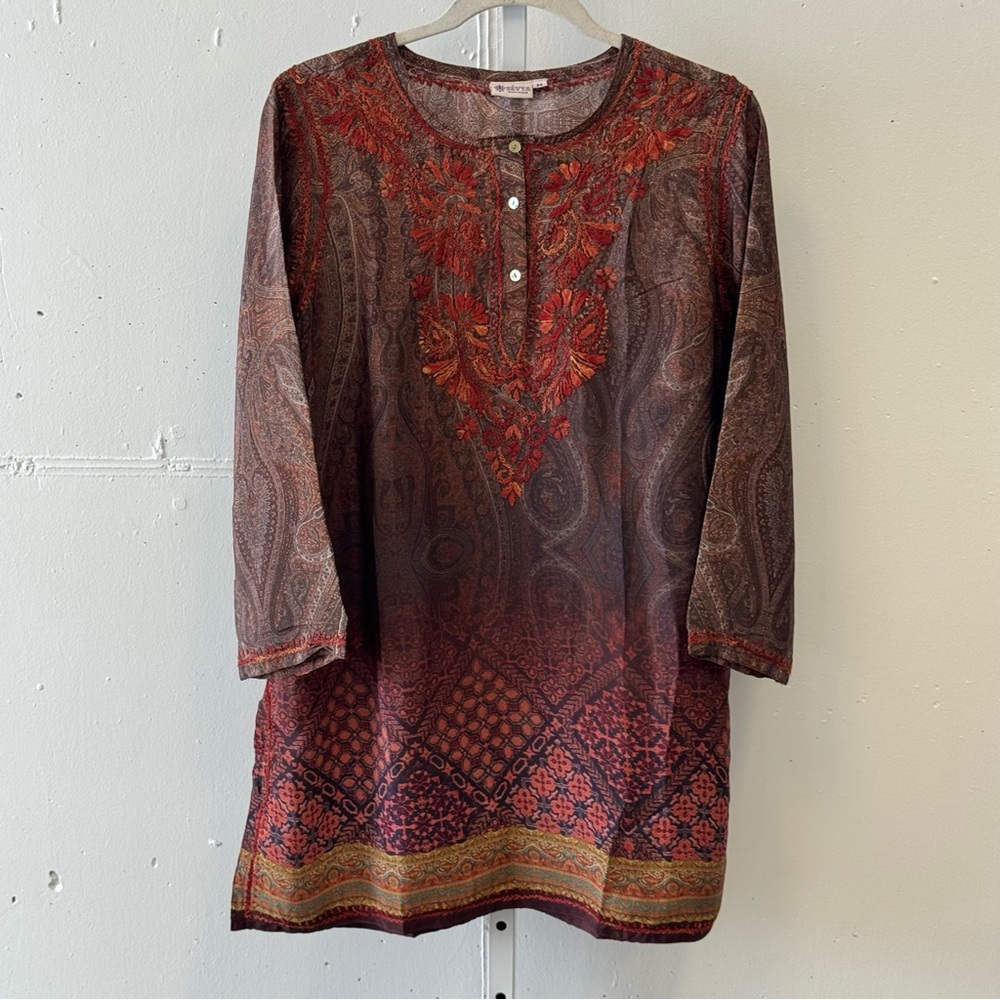 Sevya Handmade‎ Silk Blend Boho Embroidered Paisley Tunic Top Coverup Medium